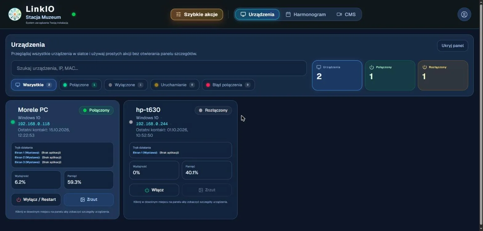 Panel LinkIO — lista urządzeń z ich stanem